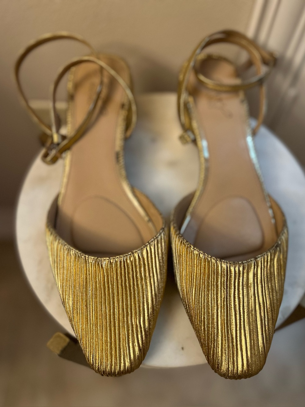 Badgley Mischka Metallic Gold Pleated Pointed-Toe Ankle-Strap Flats